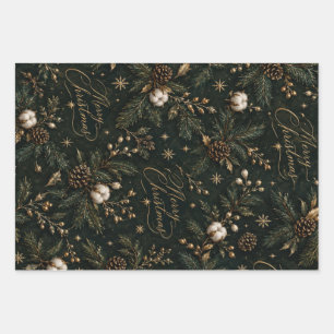Moody Emerald Green Gold Botanical Merry Christmas Wrapping Paper Sheets