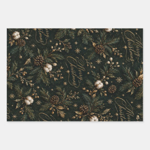 Moody Emerald Green Gold Botanical Merry Christmas Wrapping Paper Sheets