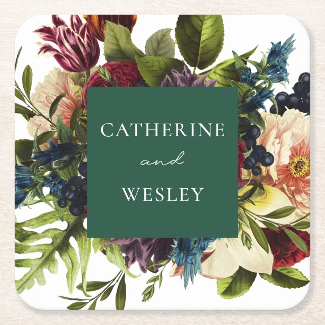 Moody Emerald green Winter Floral Wedding Square Paper Coaster (Front)