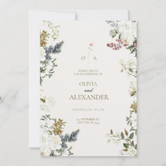 Moody Evergreen & White Rose Botanical Watercolor Invitation
