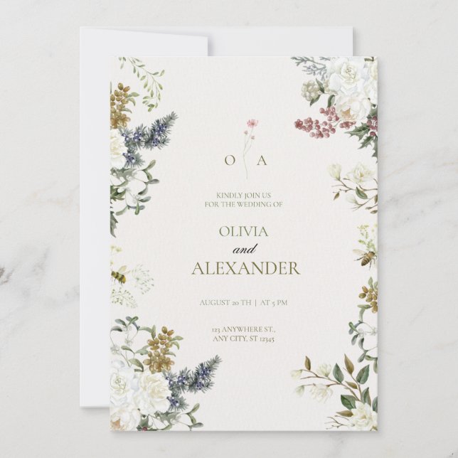 Moody Evergreen & White Rose Botanical Watercolor  Invitation (Front)