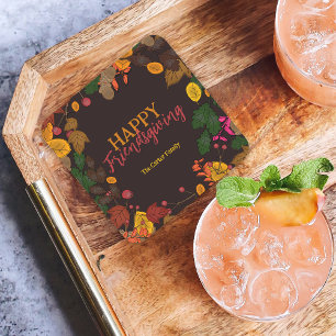Moody Fall Botanical Friendsgiving Dinner Square Paper Coaster