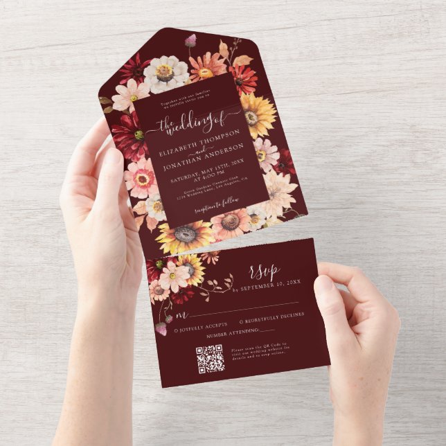 Moody Fall Burgundy Floral Dahlia Rustic OR Code All In One Invitation (Tearaway)