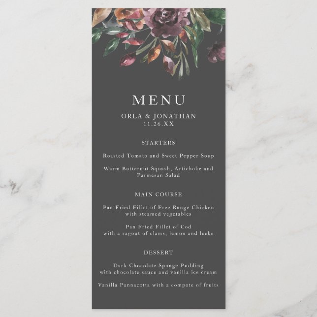 Moody Fall Floral Burst Wedding Menu (Front)