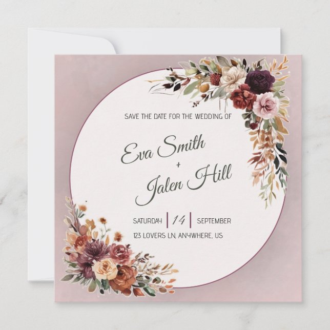  Moody Fall Floral Square Save the Date Card (Front)