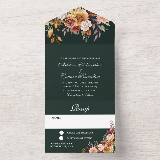 Moody Fall Wedding Emerald Green All In One Invitation (Inside)