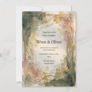 Moody Floral Art Deco Rose Gold Wedding Invitation