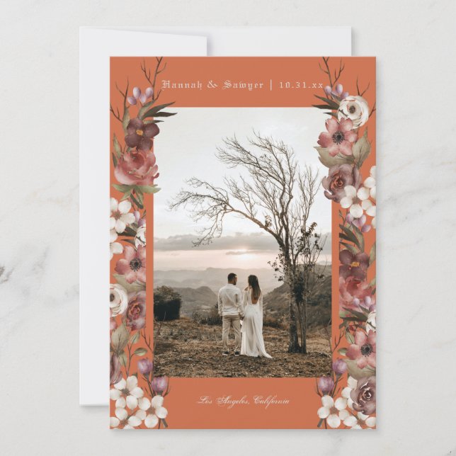 Moody Floral Autumn Photo Terracotta Save the Date Invitation (Front)