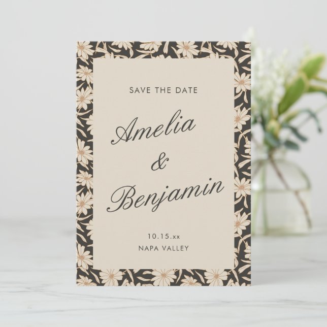 Moody Floral Black Ivory Script Wedding Save The Date (Standing Front)