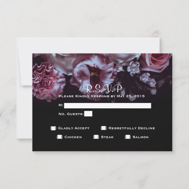 Moody Floral & Black Wedding RSVP Dinner Choices Card (Front)