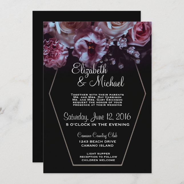 Moody Floral & Black Wedding With Silver Invitation (Front/Back)