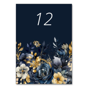 Moody Floral Blue Gold Wedding Table Card