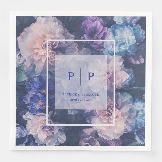 Moody Floral Blush Blue Purple Wedding Paper Dinner Napkins (Front)