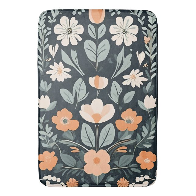 Moody Floral Botanical Pattern Dark Bath Mat (Front Vertical)