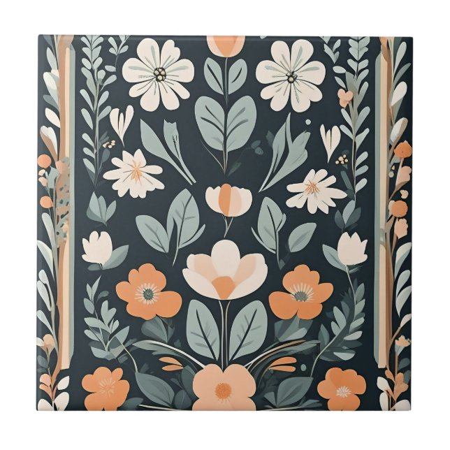 Moody Floral Botanical Pattern Dark Ceramic Tile (Front)