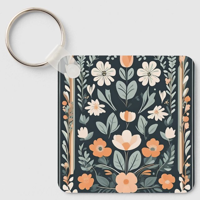 Moody Floral Botanical Pattern Dark Keychain (Front)