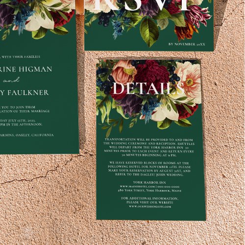 Moody Floral Burgundy and Emerald Wedding details Enclosure Card