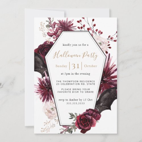 Moody Floral Burgundy  Black Halloween Party Invi Invitation