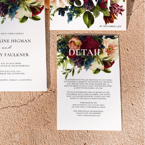 Moody Floral Burgundy Wedding details Enclosure Card