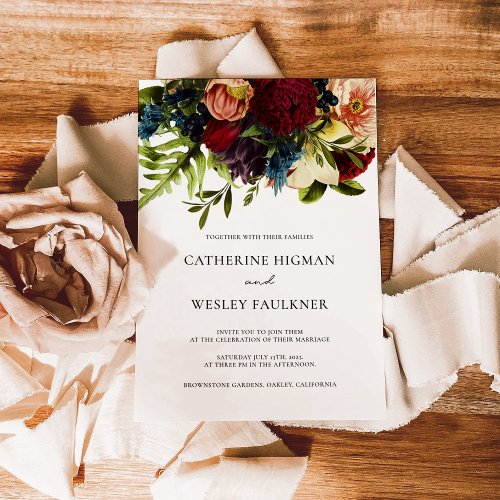 Moody Floral Burgundy Wedding  Invitation