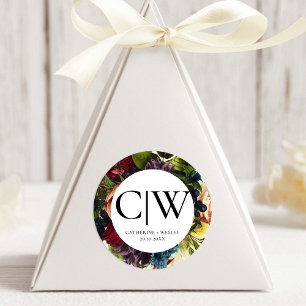 Moody Floral Burgundy Wedding Monogram Classic Round Sticker