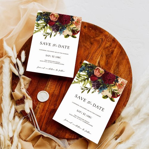 Moody Floral Burgundy Wedding Save the Date Invitation