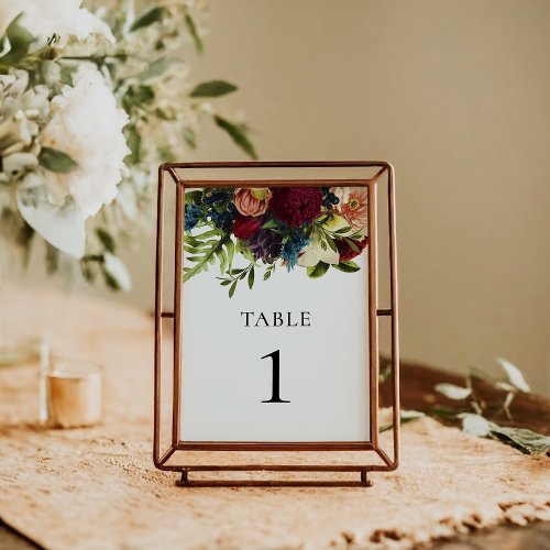 Moody Floral Burgundy Wedding  Table Number