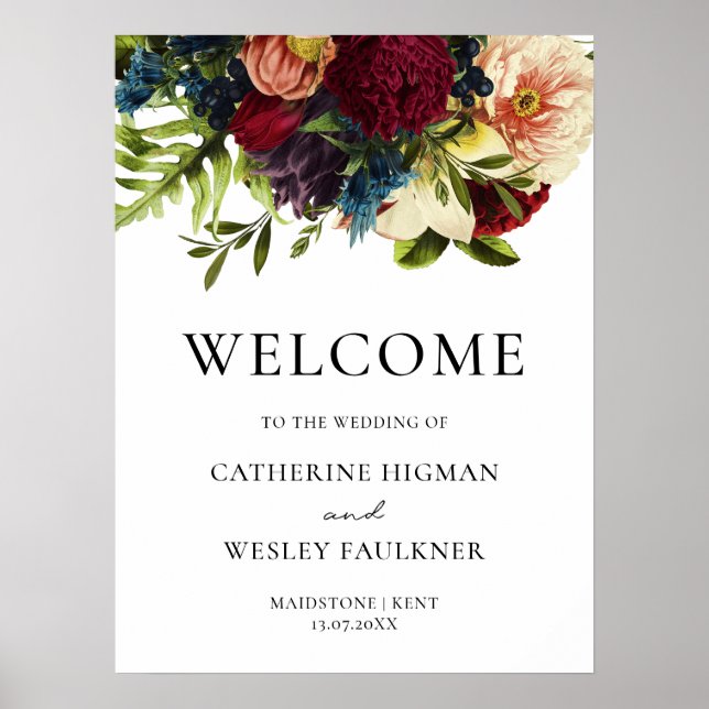 Moody Floral Burgundy Wedding Welcome Sign (Front)