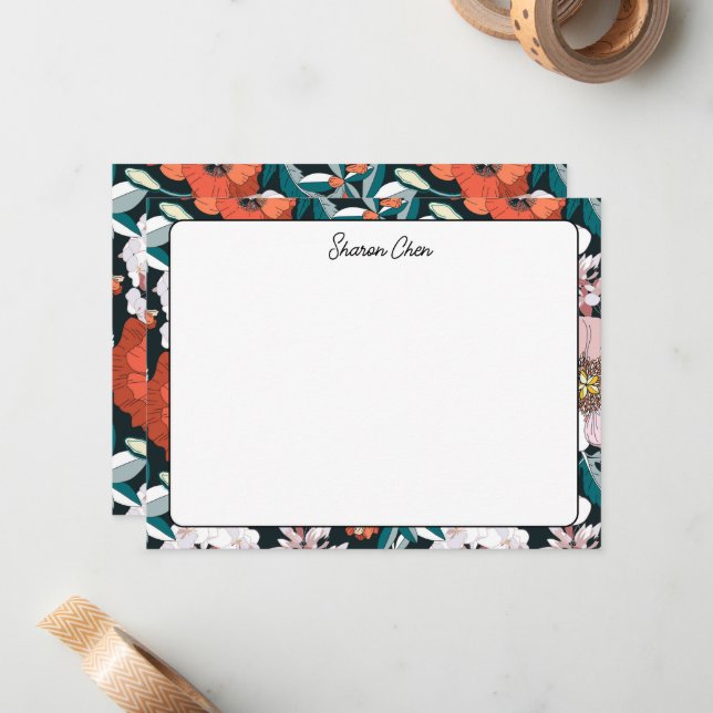 Moody Floral Custom Name Stationery Note Card (Front/Back In Situ)