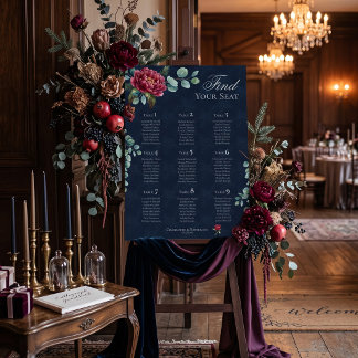 Moody Floral Deep Blue Elegant Wed Seating Chart  Foam Board