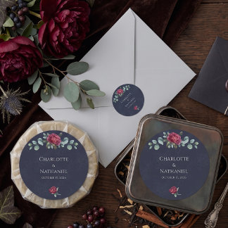 Moody Floral Deep Blue Elegant Wedding Classic Round Sticker