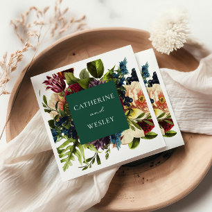 Moody Floral Emerald & Burgundy Wedding Napkins