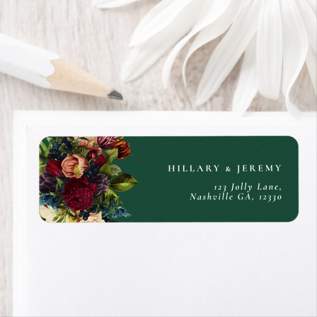 Moody Floral Emerald Wedding Return Address  Label (Insitu)