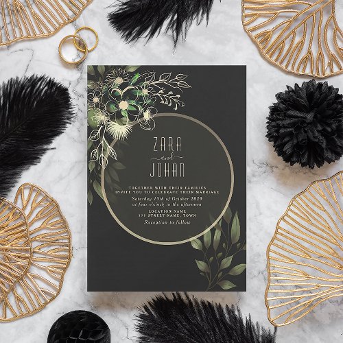 Moody Floral Gold and Black Wedding Invitation