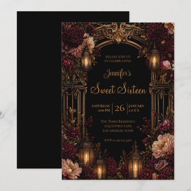Moody Floral Gothic Sweet 16 Invitation (Front/Back)