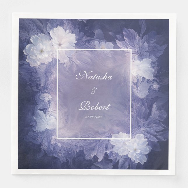 Moody Floral Indigo Lavender Marble Wedding Paper Dinner Napkins (Front)