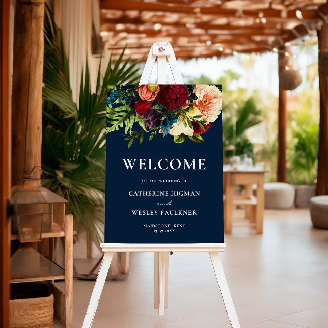 Moody Floral Navy Blue Wedding Welcome Sign (Creator Uploaded)