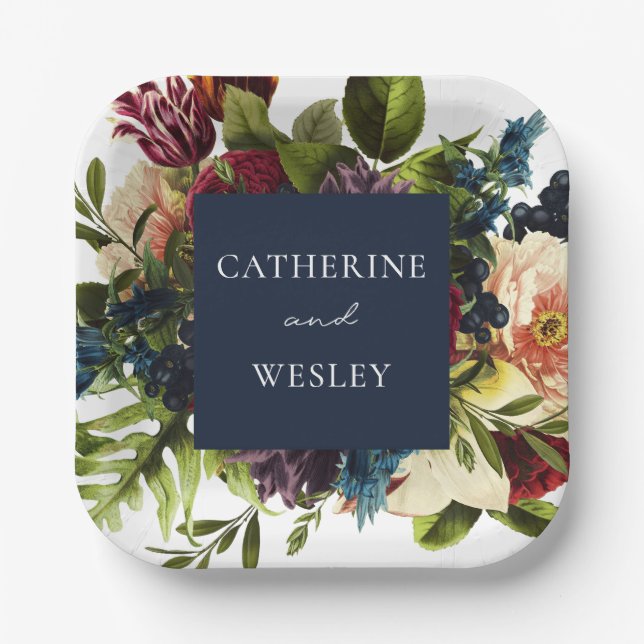 Moody Floral Navy & Burgundy Wedding  Paper Plates (Front)