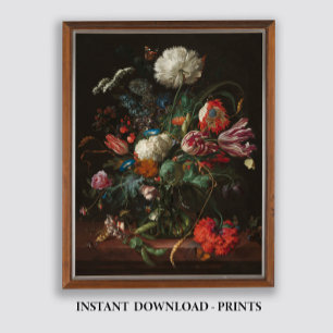 Moody Floral Oil Painting, Antique Dark Still Life Poster