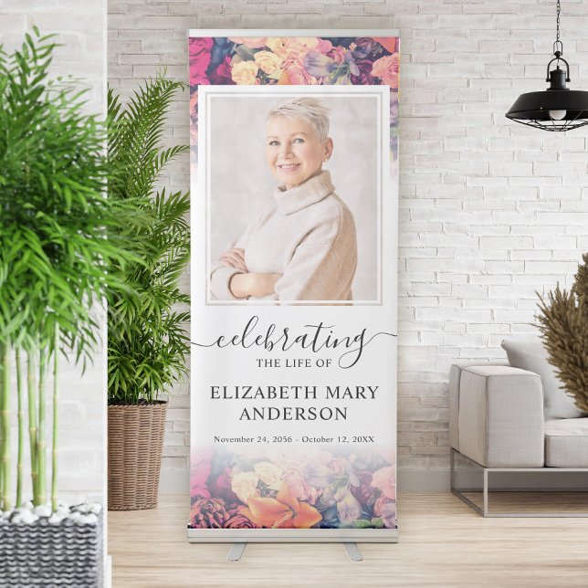 Moody Floral Pattern Celebration of Life Photo Retractable Banner (Creator Uploaded)