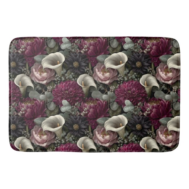 Moody Floral Pattern with Dahlias and Calla Lilies Bath Mat (Front)