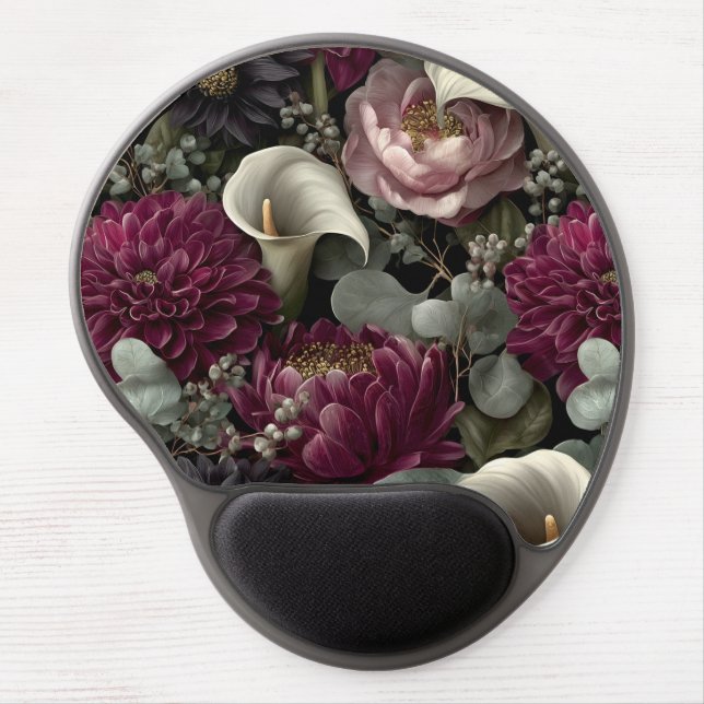 Moody Floral Pattern with Dahlias and Calla Lilies Gel Mouse Pad (Front)