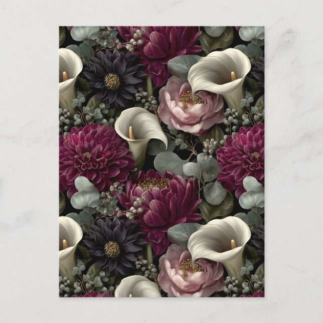 Moody Floral Pattern with Dahlias and Calla Lilies Holiday Postcard (Front)