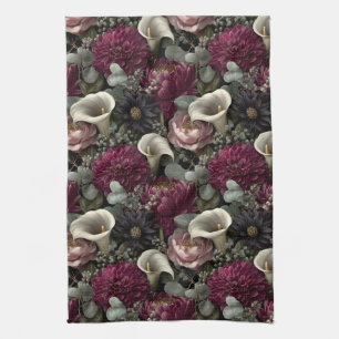 Moody Floral Pattern with Dahlias and Calla Lilies Kitchen Towel