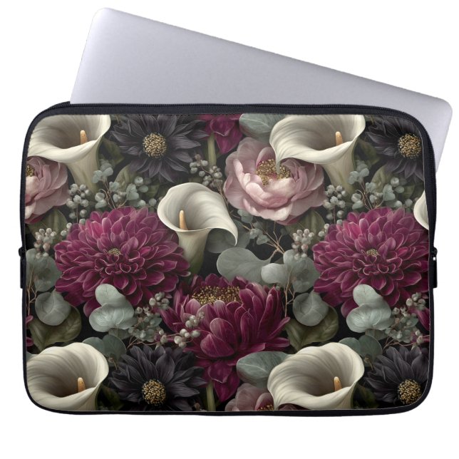 Moody Floral Pattern with Dahlias and Calla Lilies Laptop Sleeve (Front)