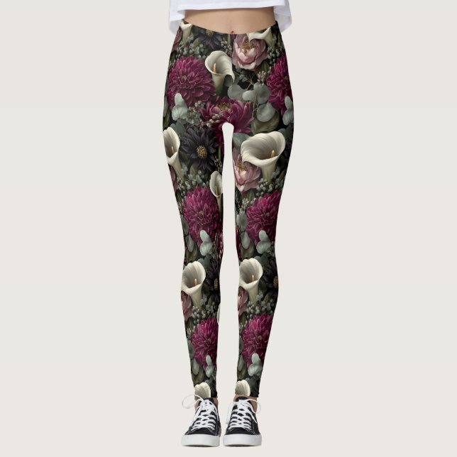 Moody Floral Pattern with Dahlias and Calla Lilies Leggings (Front)