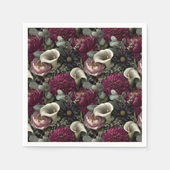 Moody Floral Pattern with Dahlias and Calla Lilies Napkins (Front)