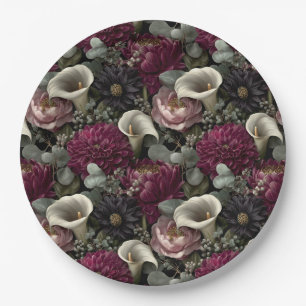 Moody Floral Pattern with Dahlias and Calla Lilies Paper Plates