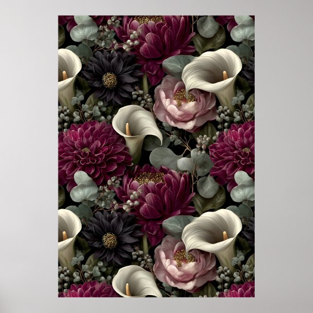 Moody Floral Pattern with Dahlias and Calla Lilies Poster (Front)