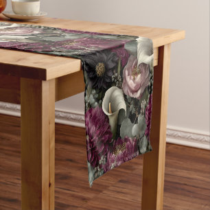 Moody Floral Pattern with Dahlias and Calla Lilies Short Table Runner